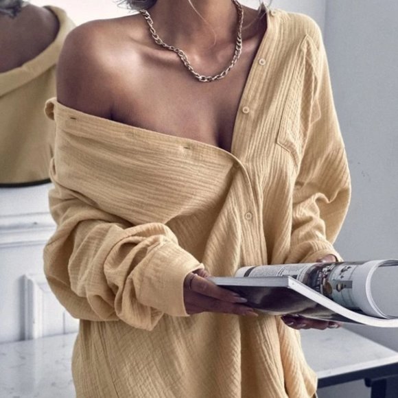 Casual Textured Pocket Patched button down Blouse khaki - Picture 6 of 7